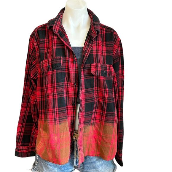 Motherhood & Wine Plaid Flannel Shirt Shacket Red LARGE Oversize Upcycle Unique - Picture 4 of 5